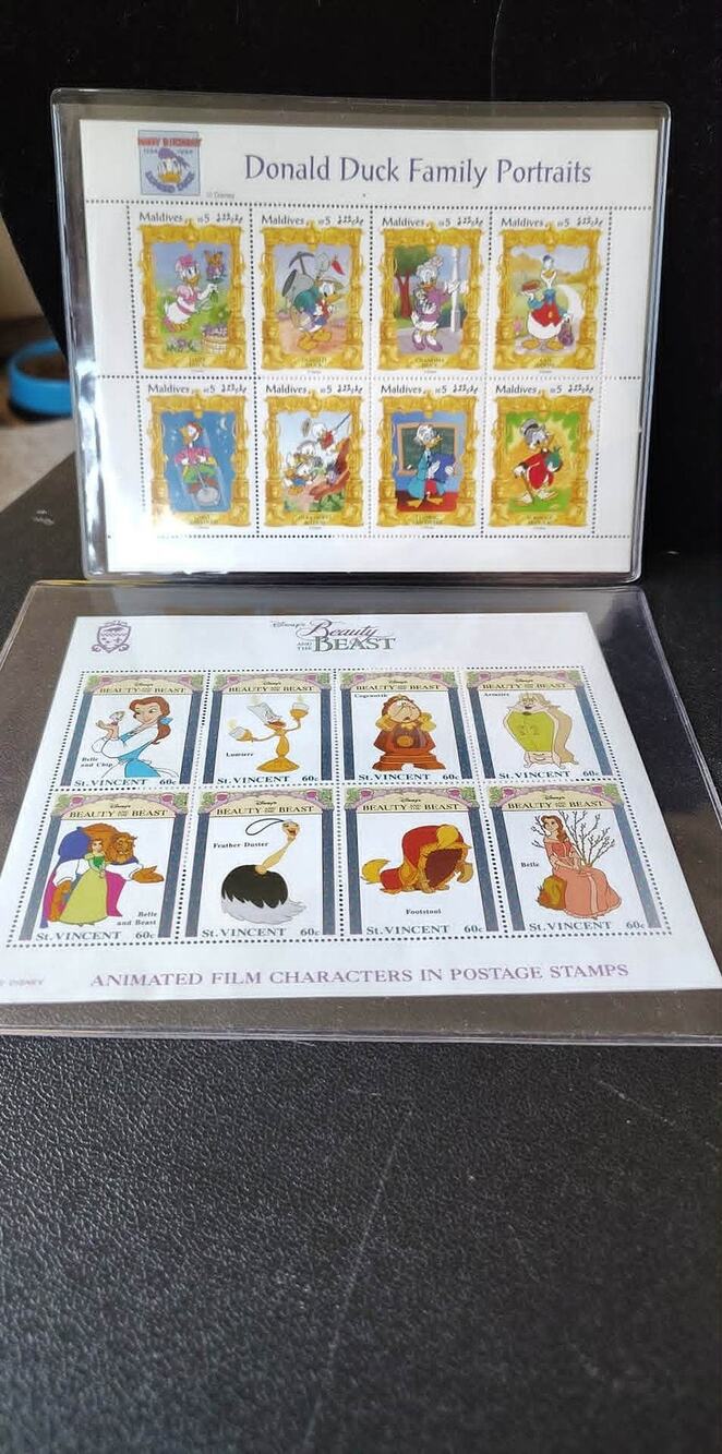 2 ICS MNH Disney Beauty & Beast, Donald Duck souvenir sheets COAs